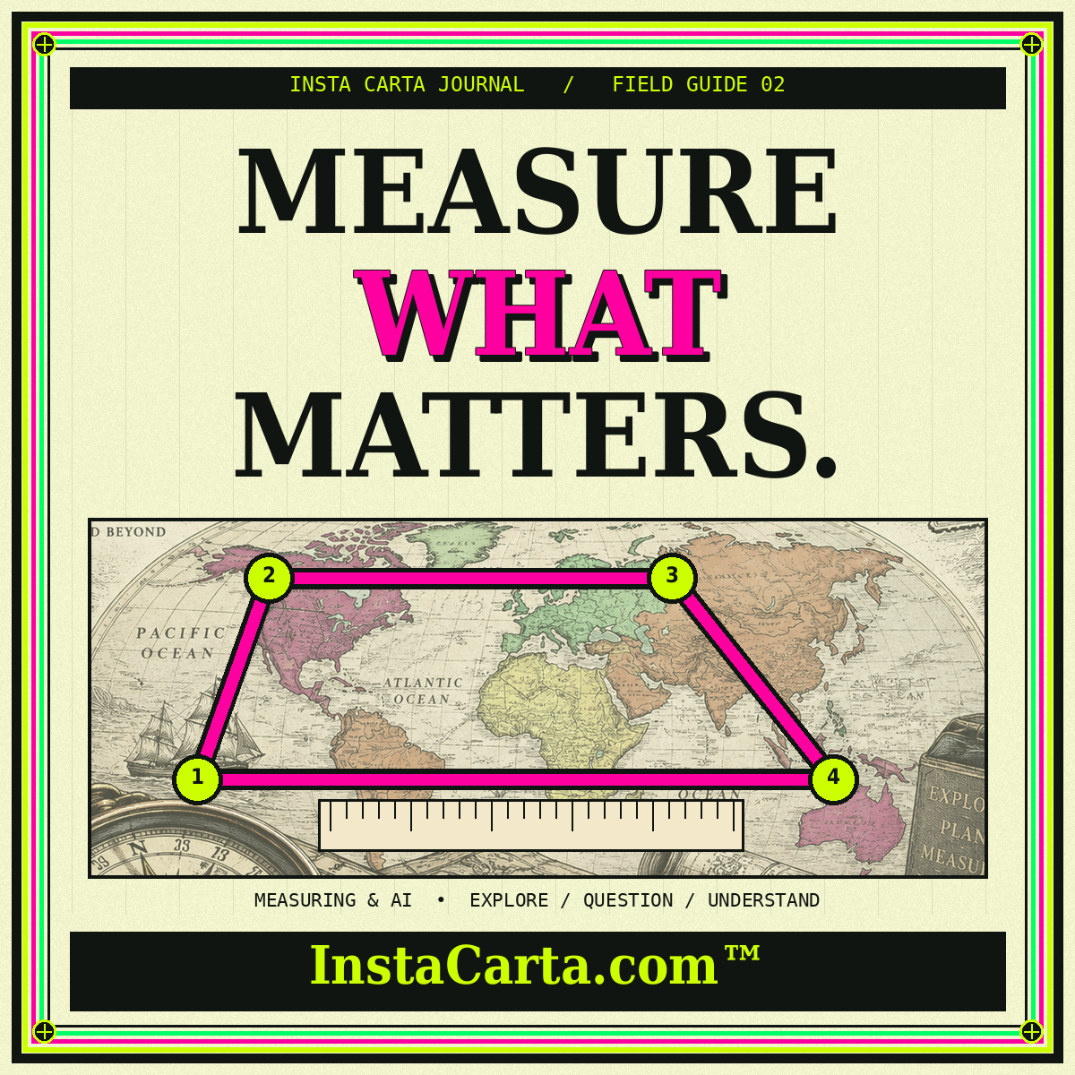 Neon vintage cartography poster: Measure what matters. InstaCarta.com branding and ruler illustration.