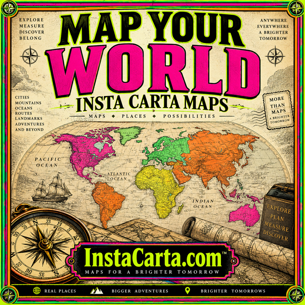 Neon vintage cartography poster: Map your world. InstaCarta.com branding and globe illustration.