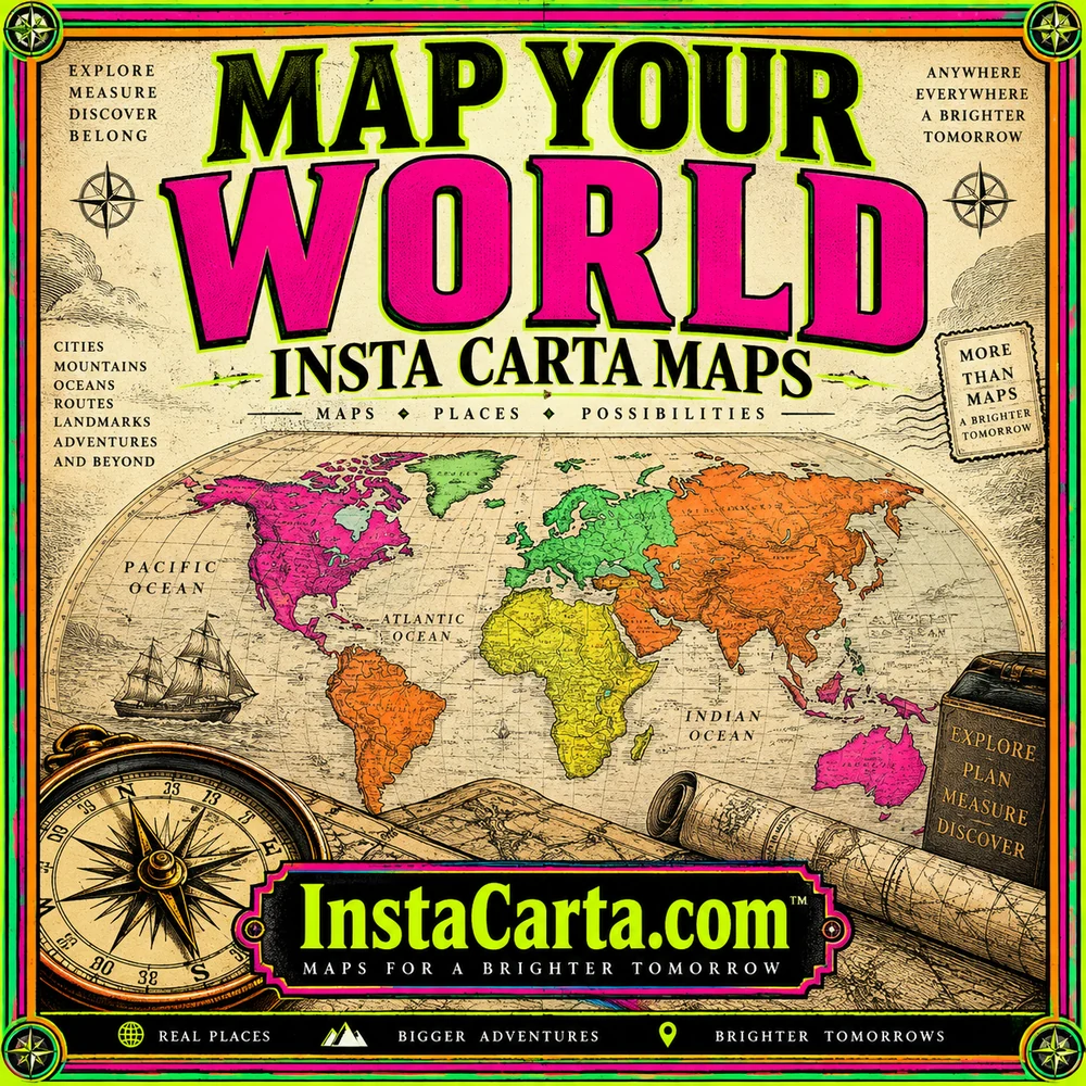Vintage-inspired world atlas poster with bright neon cartographic details and InstaCarta.com branding