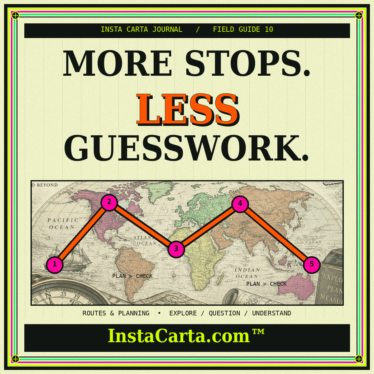 Neon vintage cartography poster: More stops, less guesswork. InstaCarta.com branding and stops illustration.